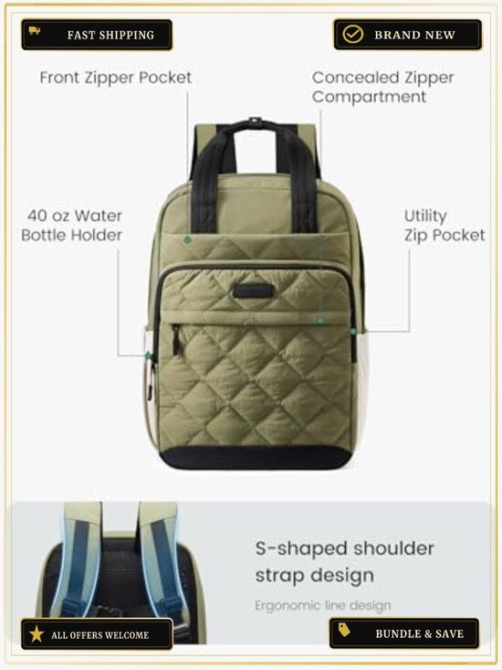 Puffer Backpack Women 15.6 Laptop Quilted Travel Work Bag Anti-Theft Water main image 5